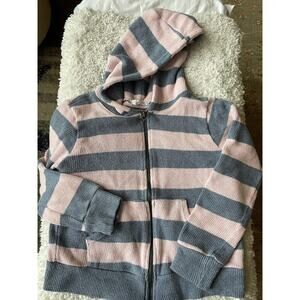 The G Girls Sz. L Pink & Gray Striped Zip Hooded Sweater. Great Item. Cute